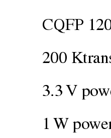 $\textstyle\parbox{4.5cm}{
\begin{itemize}
\item CQFP 120
\item 200 Ktransistors...
 ...aling 
\item up to 33\,MHz PCI Bus
\item up to 80\,MHz RCUBE port\end{itemize}}$