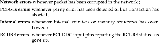 \begin{mydescription}
\item[Network errors]
 whenever packet has been corrupted ...
 ...er PCI-DDC input pins reporting the RCUBE status has gone up.\end{mydescription}