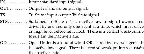 \begin{mydescription}
\item[IN]
 \id{Input} : standard input signal.
\item[OUT]
...
 ...There is a central weak-pullup to sustain the inactive state.\end{mydescription}