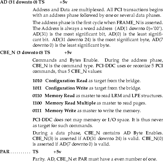 \begin{mydescription}
\item[AD~(31 downto 0)]\makebox[1.5cm][l]{\bf TS} \makebox...
 ...}

 Parity. AD, CBE\_N et PAR must have a even number of one.\end{mydescription}