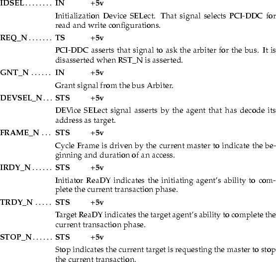 \begin{mydescription}
\item[IDSEL] \makebox[1.5cm][l]{\bf IN} \makebox[1.5cm][l]...
 ...t is requesting the master
 to stop the current transaction.
\end{mydescription}