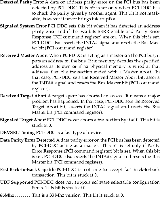 \begin{mydescription}
\item[Detected Parity Error]
 A data or address parity err...
 ...m[66Mhz]
 This is a 33\,Mhz version.
 This bit is stuck at 0.\end{mydescription}